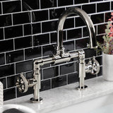 Webb Two-Handle 2-Hole Deck Mount Bridge Bathroom Faucet with Knurled Handle and Push Pop-Up Drain