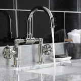 Belknap Two-Handle 2-Hole Deck Mount Bridge Bathroom Faucet with Push Pop-Up Drain