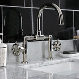 Belknap Two-Handle 2-Hole Deck Mount Bridge Bathroom Faucet with Push Pop-Up Drain