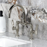 Hallerbos Two-Handle 4-Hole Deck Mount Bridge Bathroom Faucet with Brass Pop-Up Drain