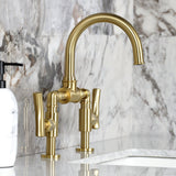 Hallerbos Two-Handle 4-Hole Deck Mount Bridge Bathroom Faucet with Brass Pop-Up Drain