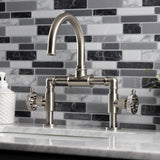 Webb Two-Handle 2-Hole Deck Mount Bridge Bathroom Faucet with Knurled Handle and Push Pop-Up Drain