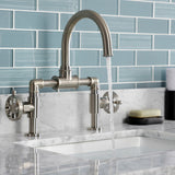 Belknap Two-Handle 2-Hole Deck Mount Bridge Bathroom Faucet with Push Pop-Up Drain