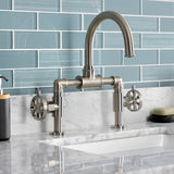 Belknap Two-Handle 2-Hole Deck Mount Bridge Bathroom Faucet with Push Pop-Up Drain