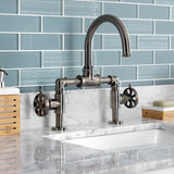 Belknap Two-Handle 2-Hole Deck Mount Bridge Bathroom Faucet with Push Pop-Up Drain