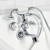 Kingston Three-Handle 2-Hole Tub Wall Mount Clawfoot Tub Faucet with Hand Shower