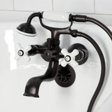 Kingston Three-Handle 2-Hole Tub Wall Mount Clawfoot Tub Faucet with Hand Shower