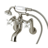 Kingston Three-Handle 2-Hole Tub Wall Mount Clawfoot Tub Faucet with Hand Shower