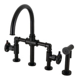 Fuller Two-Handle 4-Hole Deck Mount Industrial Style Bridge Kitchen Faucet with Brass Side Sprayer