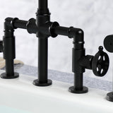 Webb Two-Handle 4-Hole Deck Mount Knurled Handle Bridge Kitchen Faucet with Brass Sprayer