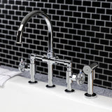 Fuller Two-Handle 4-Hole Deck Mount Industrial Style Bridge Kitchen Faucet with Brass Side Sprayer