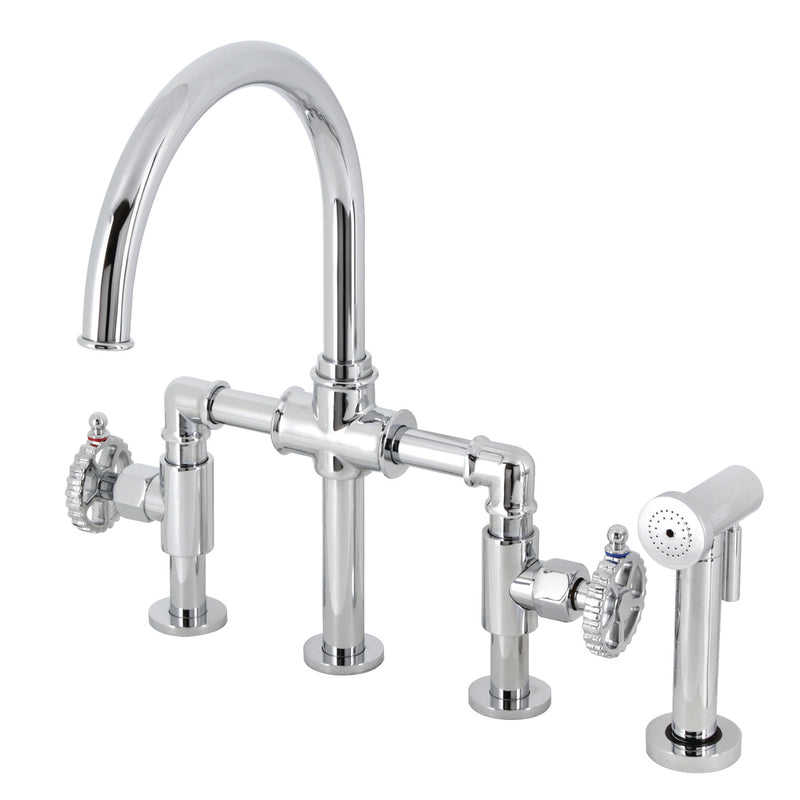 Fuller Two-Handle 4-Hole Deck Mount Industrial Style Bridge Kitchen Faucet with Brass Side Sprayer