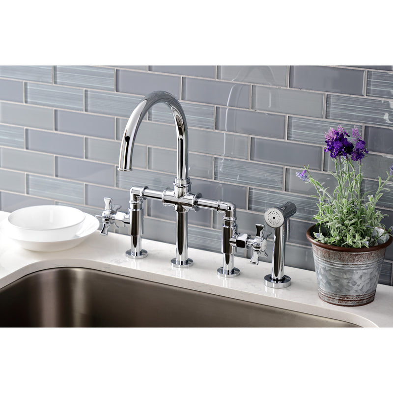 Hamilton Two-Handle 4-Hole Deck Mount Industrial Style Bridge Kitchen Faucet with Brass Side Sprayer