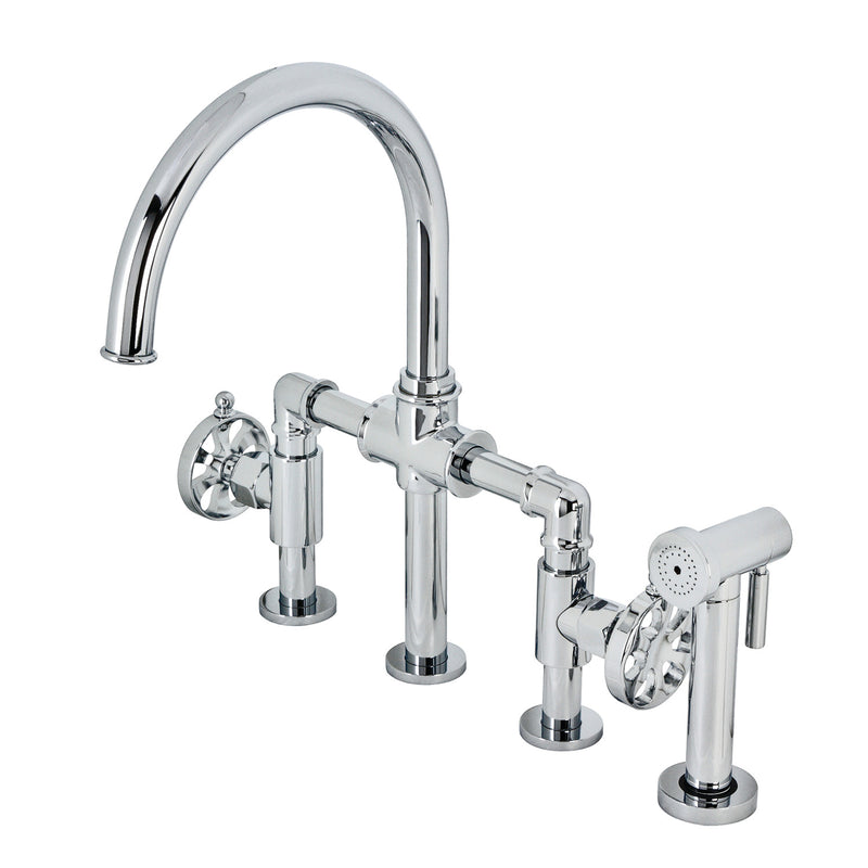 Belknap Two-Handle 4-Hole Deck Mount Industrial Style Bridge Kitchen Faucet with Brass Side Sprayer