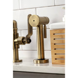 Whitaker Two-Handle 4-Hole Deck Mount Industrial Style Bridge Kitchen Faucet with Brass Side Sprayer