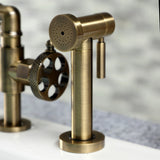 Webb Two-Handle 4-Hole Deck Mount Knurled Handle Bridge Kitchen Faucet with Brass Sprayer