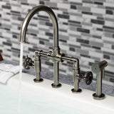 Fuller Two-Handle 4-Hole Deck Mount Industrial Style Bridge Kitchen Faucet with Brass Side Sprayer