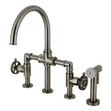 Webb Two-Handle 4-Hole Deck Mount Knurled Handle Bridge Kitchen Faucet with Brass Sprayer