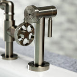 Webb Two-Handle 4-Hole Deck Mount Knurled Handle Bridge Kitchen Faucet with Brass Sprayer