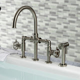 Webb Two-Handle 4-Hole Deck Mount Knurled Handle Bridge Kitchen Faucet with Brass Sprayer