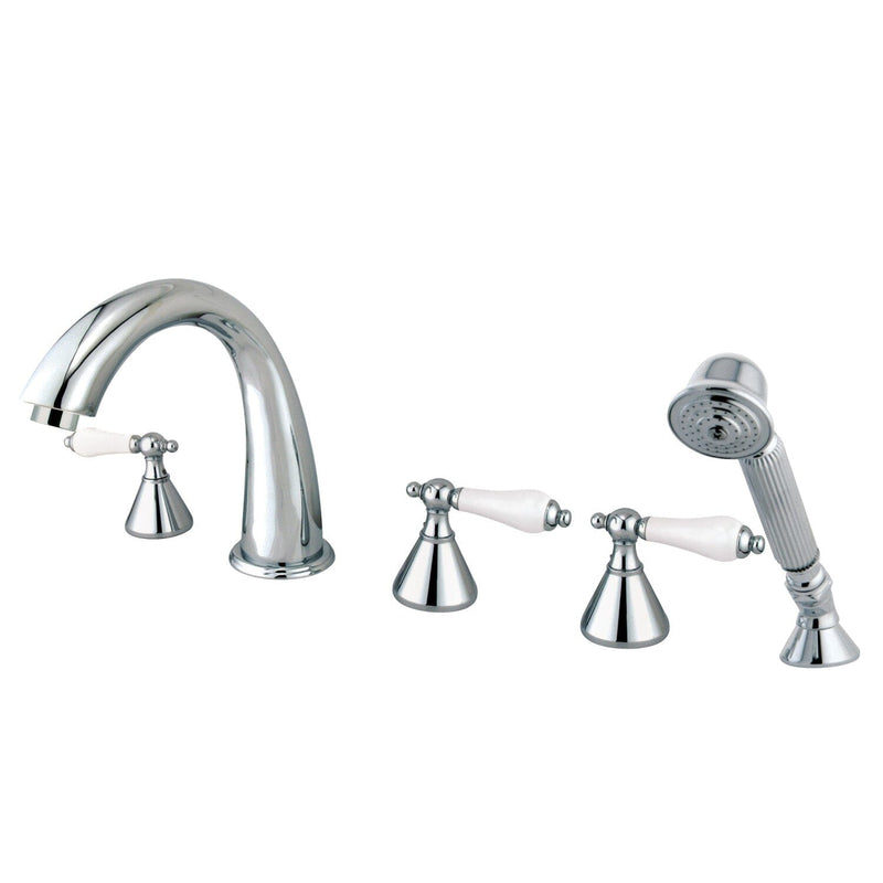 Three-Handle 5-Hole Deck Mount Roman Tub Faucet with Hand Shower