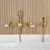 Heritage Double-Handle 3-Hole Wall-Mount Bridge Kitchen Faucet with Brass Sprayer