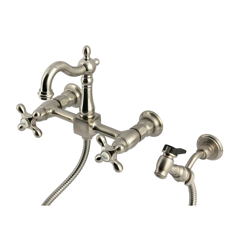 Heritage Double-Handle 3-Hole Wall-Mount Bridge Kitchen Faucet with Brass Sprayer