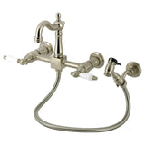 Heritage Double-Handle 3-Hole Wall-Mount Bridge Kitchen Faucet with Brass Sprayer