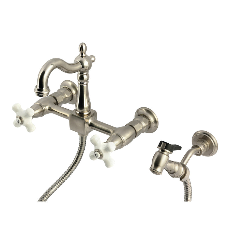 Heritage Double-Handle 3-Hole Wall-Mount Bridge Kitchen Faucet with Brass Sprayer