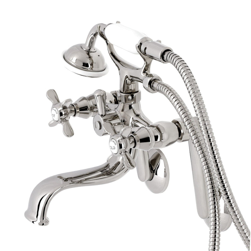 Kingston Three-Handle 2-Hole Tub Wall Mount Clawfoot Tub Faucet with Hand Shower