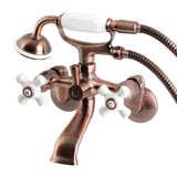 Kingston Three-Handle 2-Hole Wall Mount Clawfoot Tub Faucet with Hand Shower