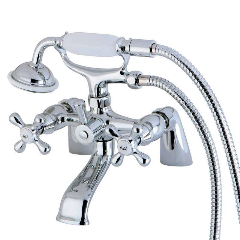 Kingston Three-Handle 2-Hole Deck-Mount Clawfoot Tub Faucet with Hand Shower