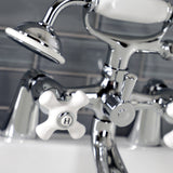 Kingston Three-Handle 2-Hole Deck-Mount Clawfoot Tub Faucet with Hand Shower
