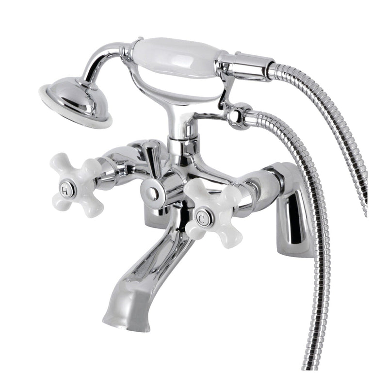 Kingston Three-Handle 2-Hole Deck-Mount Clawfoot Tub Faucet with Hand Shower