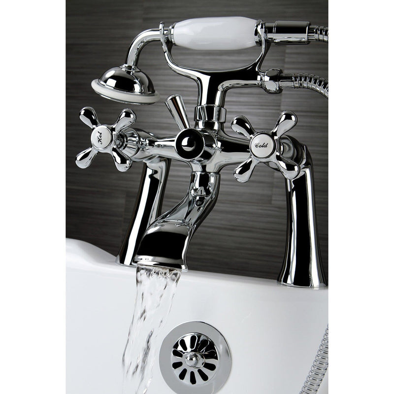 Kingston Three-Handle 2-Hole Deck-Mount Clawfoot Tub Faucet with Hand Shower