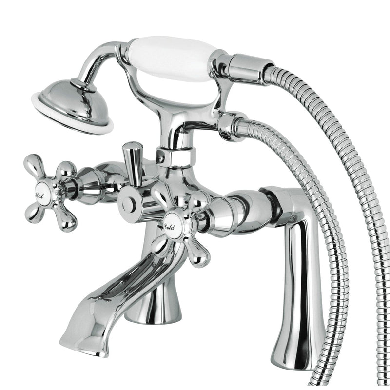 Kingston Three-Handle 2-Hole Deck-Mount Clawfoot Tub Faucet with Hand Shower
