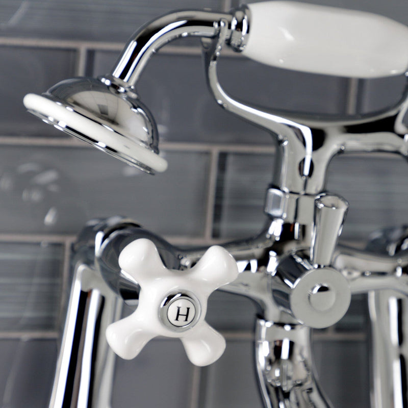 Kingston Three-Handle 2-Hole Deck-Mount Clawfoot Tub Faucet with Hand Shower