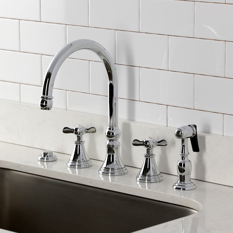 Essex Double-Handle 4-Hole Widespread Kitchen Faucet with Brass Sprayer