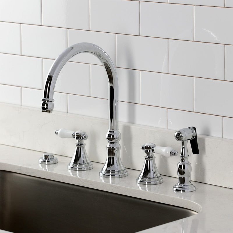 Bel-Air Double-Handle 4-Hole Widespread Kitchen Faucet with Brass Sprayer