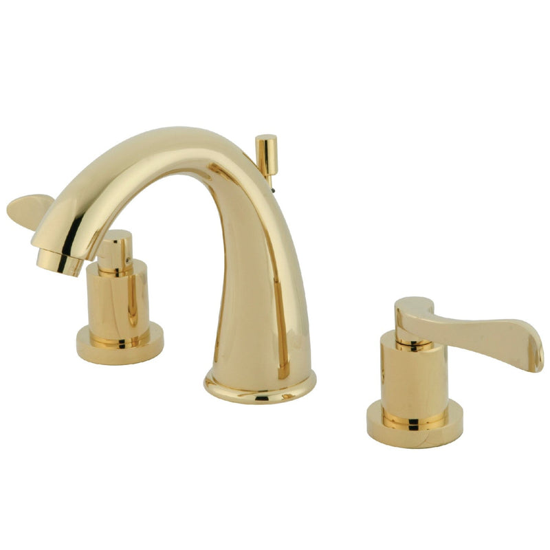NuWave Two-Handle 3-Hole Deck Mount Widespread Bathroom Faucet with Brass Pop-Up