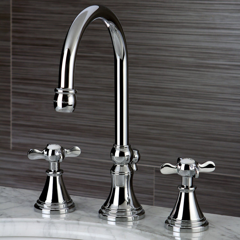 Essex Two-Handle 3-Hole Deck Mount Widespread Bathroom Faucet with Brass Pop-Up