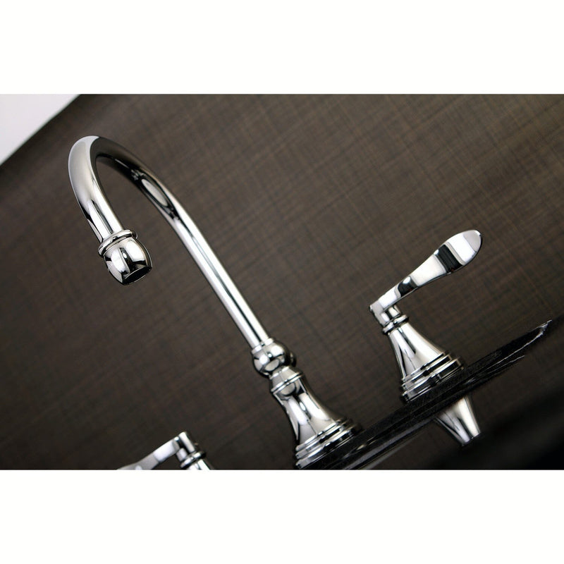 NuFrench Two-Handle 3-Hole Deck Mount Widespread Bathroom Faucet with Brass Pop-Up