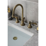 NuFrench Two-Handle 3-Hole Deck Mount Widespread Bathroom Faucet with Brass Pop-Up