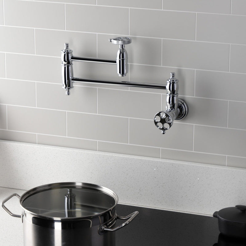 Wendell Two-Handle 1-Hole Wall Mount Pot Filler Faucet with Knurled Handle