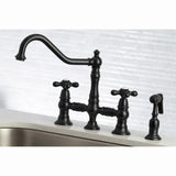 Restoration Two-Handle 4-Hole Deck Mount Bridge Kitchen Faucet with Brass Side Sprayer