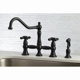 Restoration Two-Handle 4-Hole Deck Mount Bridge Kitchen Faucet with Brass Side Sprayer