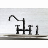 Restoration Two-Handle 4-Hole Deck Mount Bridge Kitchen Faucet with Brass Side Sprayer