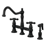 Restoration Two-Handle 4-Hole Deck Mount Bridge Kitchen Faucet with Brass Side Sprayer