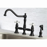 Restoration Two-Handle 4-Hole Deck Mount Bridge Kitchen Faucet with Brass Side Sprayer