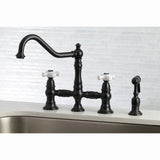 Restoration Two-Handle 4-Hole Deck Mount Bridge Kitchen Faucet with Brass Side Sprayer